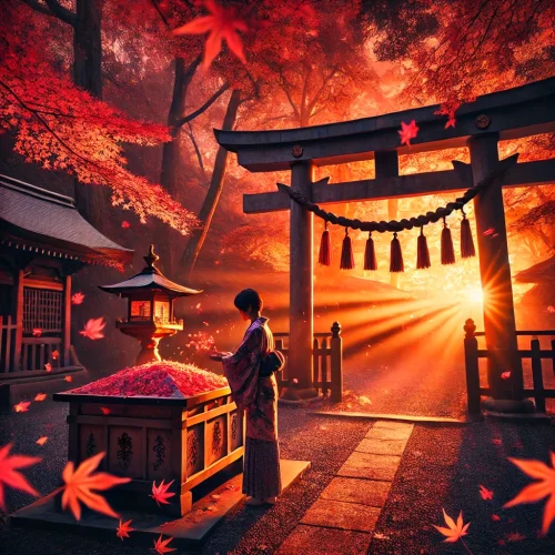 秋の夕暮れ、色鮮やかな紅葉に囲まれた神社で御守りを返す人の神秘的な風景