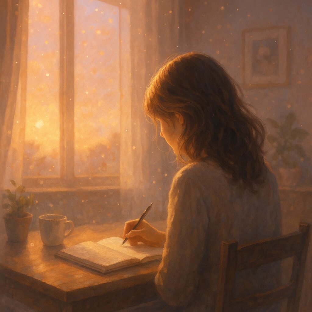 ノートに言葉を書きながら、自分と向き合う女性の後ろ姿