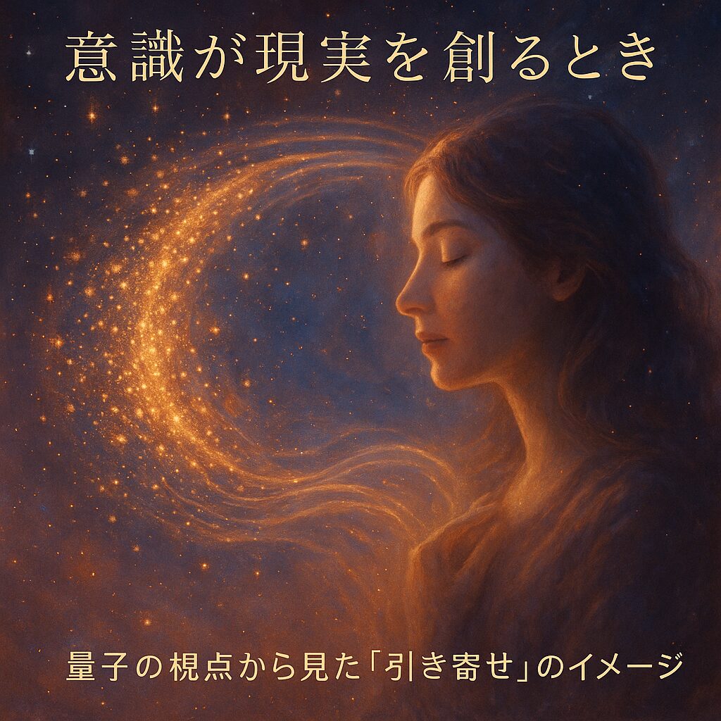 量子力学と引き寄せを象徴する光の粒子と女性のシルエット
