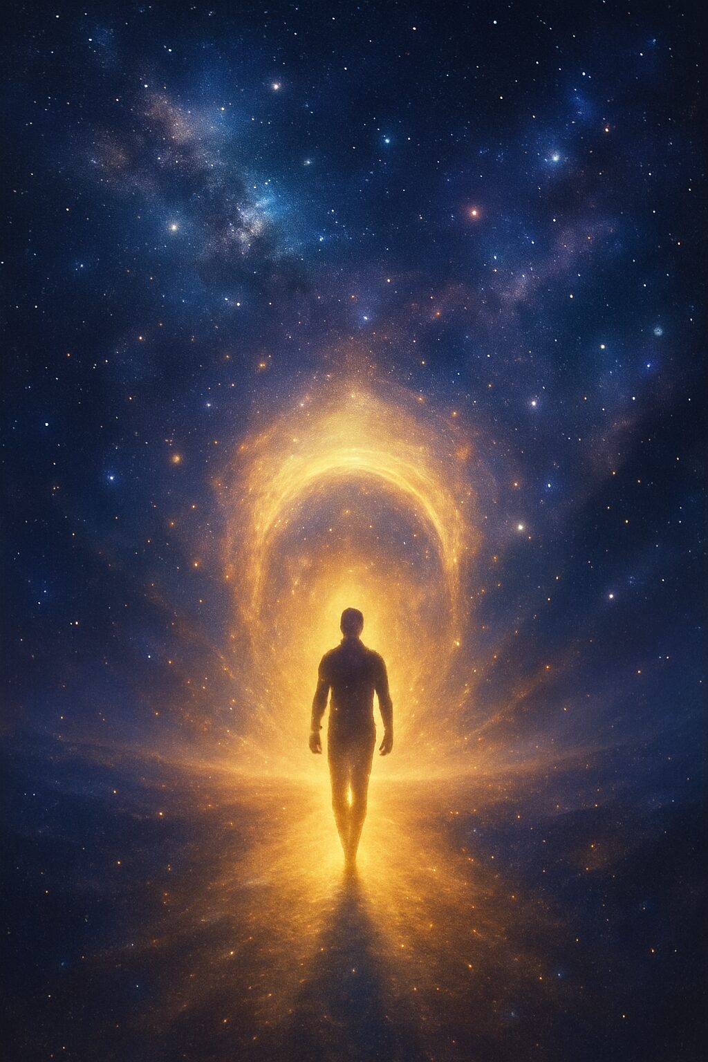 宇宙の中を黄金の光の道に導かれて歩む人物のシルエット。前世から続く魂の旅路と再会のスピリチュアルな意味を象徴する幻想的なビジュアル。
