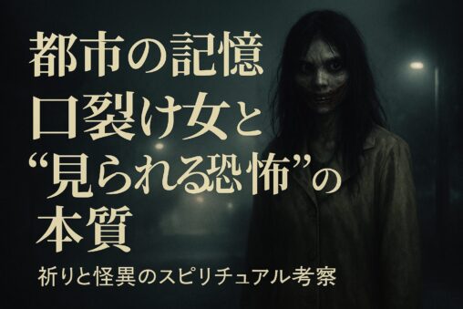 暗い街路に現れる口裂け女と「都市の記憶｜“見られる恐怖”の本質」というタイトル文字