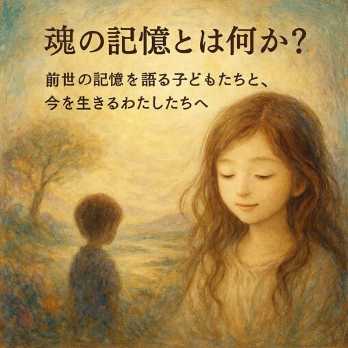 前世の記憶を感じさせるような幻想的な風景の中に、目を閉じる少女と遠くを見つめる子どもの姿が描かれたスピリチュアルアート