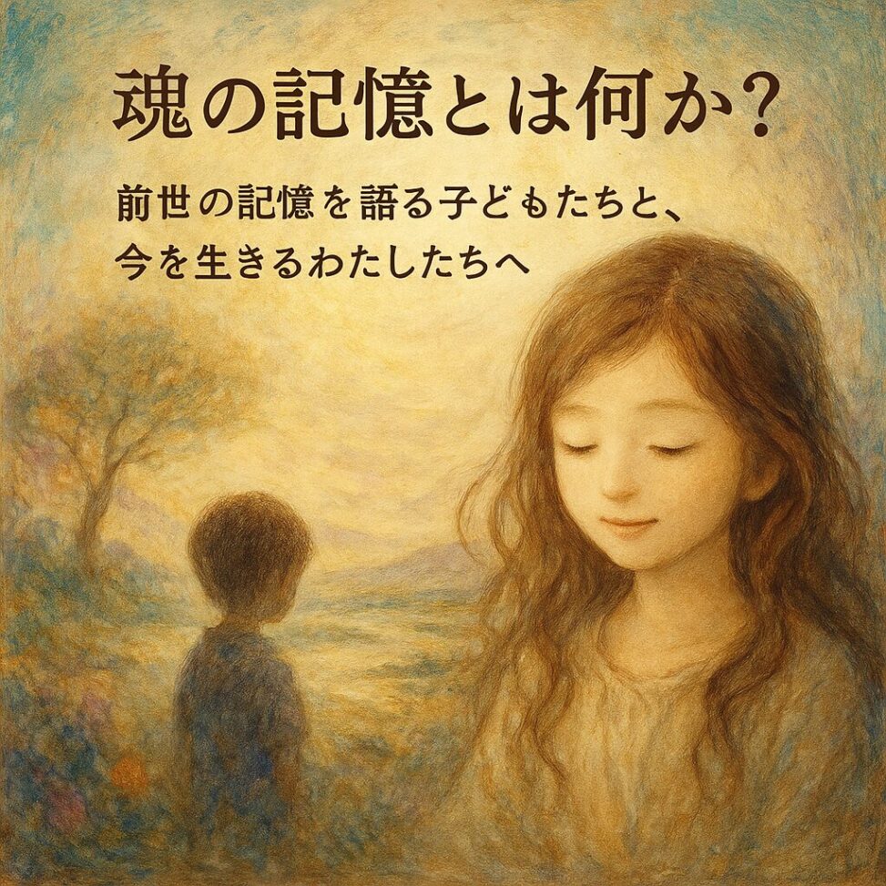 前世の記憶を感じさせるような幻想的な風景の中に、目を閉じる少女と遠くを見つめる子どもの姿が描かれたスピリチュアルアート