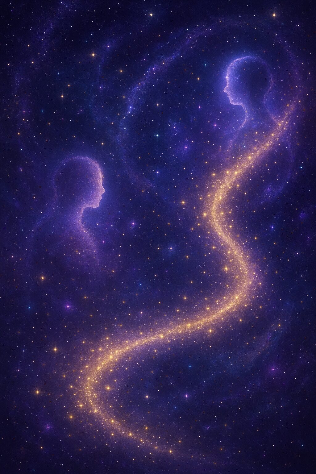 銀河の中で輝く魂の粒子が、前世と今をつなぐ光の軌跡を描いている