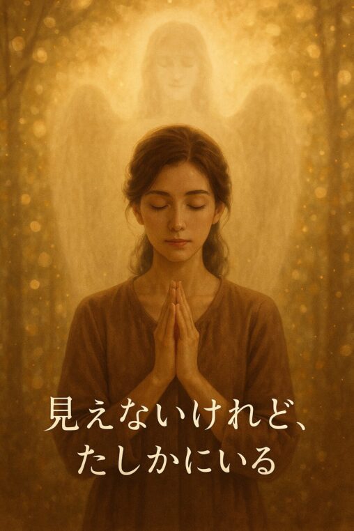 見守る守護霊と光に包まれる女性の幻想的な情景