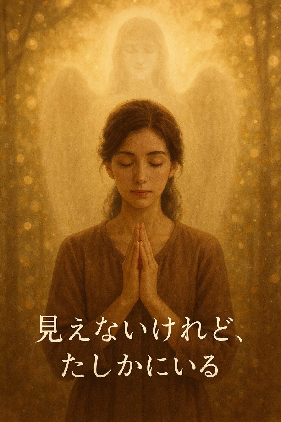 見守る守護霊と光に包まれる女性の幻想的な情景