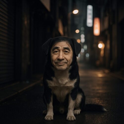 夜の住宅街に佇む人間の顔を持つ犬の姿。実写風で不気味さと寂しさが漂う。