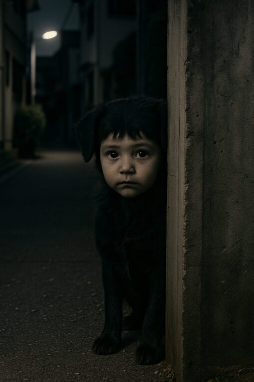子どもの顔をした犬が、夜の物陰からこちらをじっと見つめている実写風のイメージ