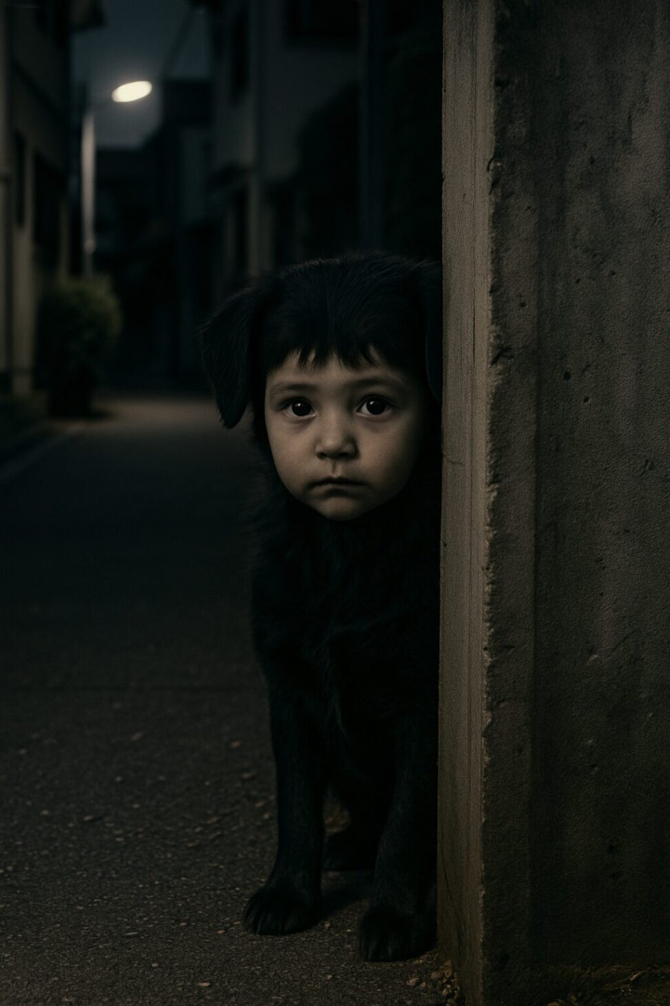 子どもの顔をした犬が、夜の物陰からこちらをじっと見つめている実写風のイメージ