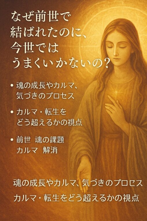 祈りのポーズを取る神聖な女性像と「なぜ前世で結ばれたのに、今世ではうまくいかないの？」というテキストが重なるスピリチュアルなアイキャッチ画像。魂の成長とカルマを象徴。