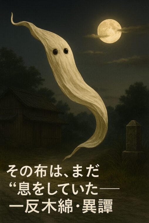 空を飛ぶ白い布の妖怪・一反木綿が、夕暮れの街上空を静かに漂っている様子