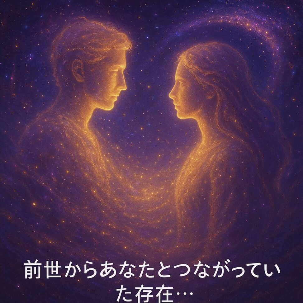 魂の兄弟たちが前世からつながる神秘的な光景。二つの魂が対になって輝き合う様子。